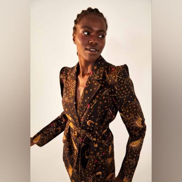 Farm Rio Leopard Sky Celestial Puff Sleeve Belted Blazer brown Jacket size large - Picture 2 of 9